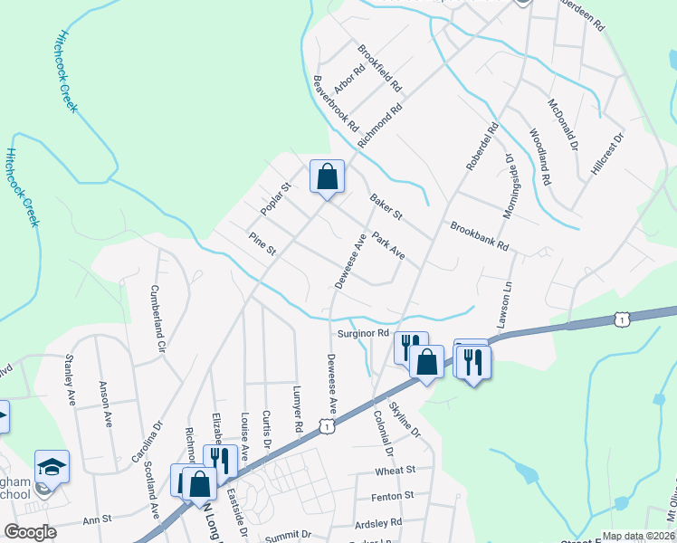 map of restaurants, bars, coffee shops, grocery stores, and more near 707 Deweese Avenue in Rockingham