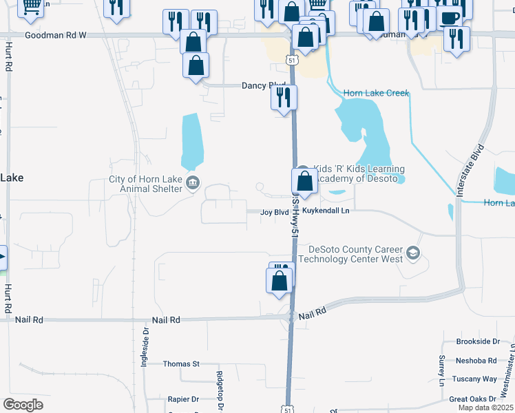 map of restaurants, bars, coffee shops, grocery stores, and more near 1600 U.S. 51 in Horn Lake