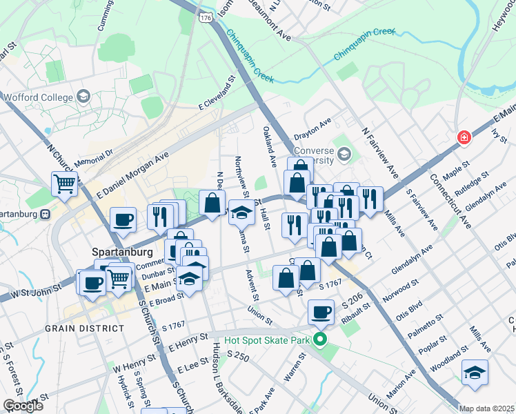 map of restaurants, bars, coffee shops, grocery stores, and more near 394 East Saint John Street in Spartanburg