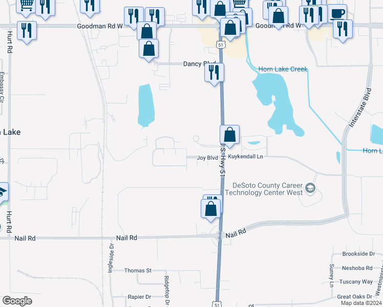 map of restaurants, bars, coffee shops, grocery stores, and more near 1646 Joy Boulevard in Horn Lake