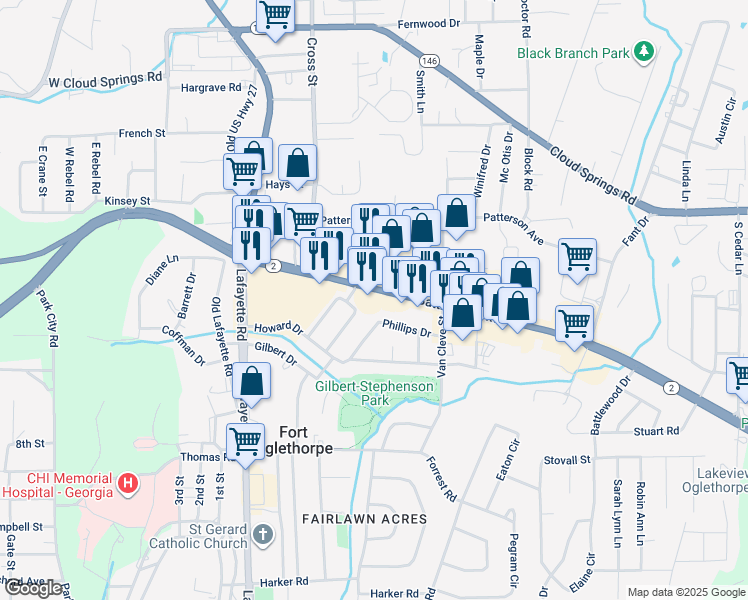 map of restaurants, bars, coffee shops, grocery stores, and more near 700 Battlefield Parkway in Fort Oglethorpe
