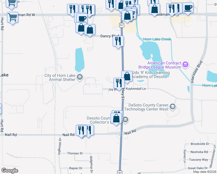 map of restaurants, bars, coffee shops, grocery stores, and more near 1600 U.S. 51 in Horn Lake