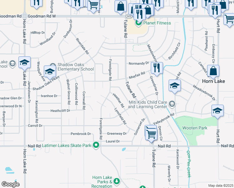 map of restaurants, bars, coffee shops, grocery stores, and more near 6545 Yorkshire Road in Horn Lake