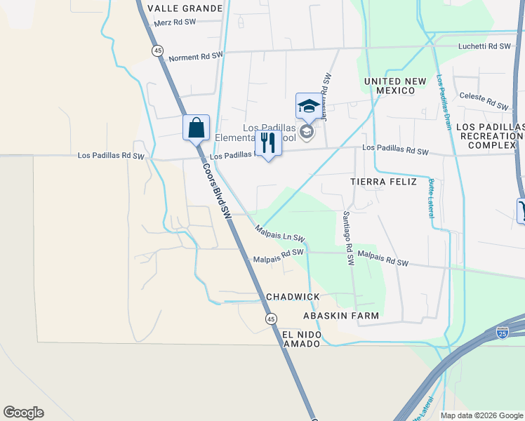 map of restaurants, bars, coffee shops, grocery stores, and more near 2747 Glory Court Southwest in Albuquerque