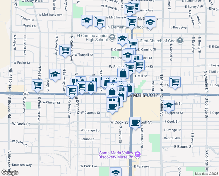 map of restaurants, bars, coffee shops, grocery stores, and more near 311 West Chapel Street in Santa Maria