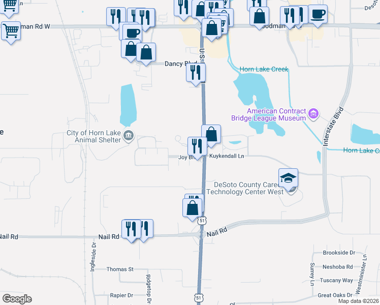 map of restaurants, bars, coffee shops, grocery stores, and more near 1600 U.S. 51 in Horn Lake