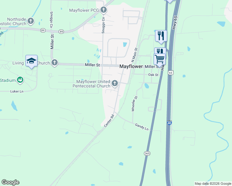 map of restaurants, bars, coffee shops, grocery stores, and more near 26 Center Road in Mayflower