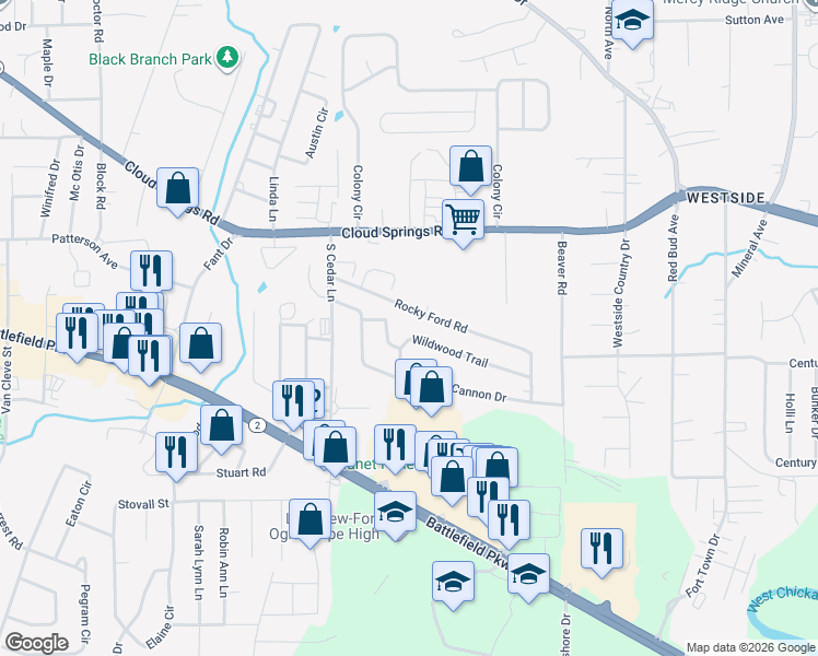 map of restaurants, bars, coffee shops, grocery stores, and more near 205 Rocky Ford Road in Rossville