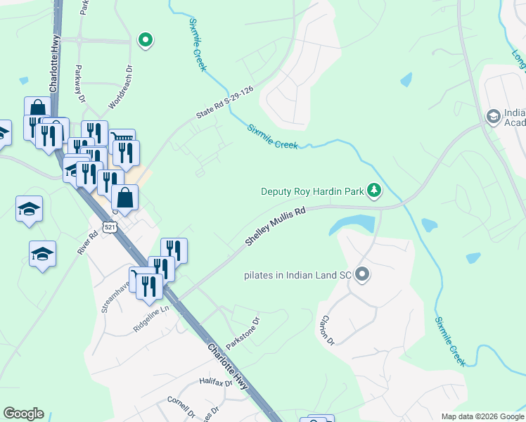 map of restaurants, bars, coffee shops, grocery stores, and more near 8140 Shelley Mullis Road in Fort Mill