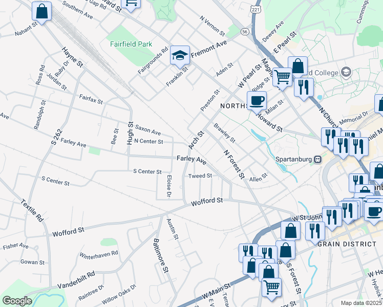 map of restaurants, bars, coffee shops, grocery stores, and more near 533 Arch Street in Spartanburg