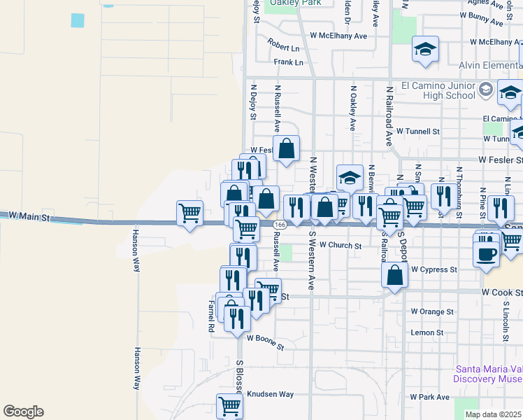 map of restaurants, bars, coffee shops, grocery stores, and more near Erin Ct in Santa Maria