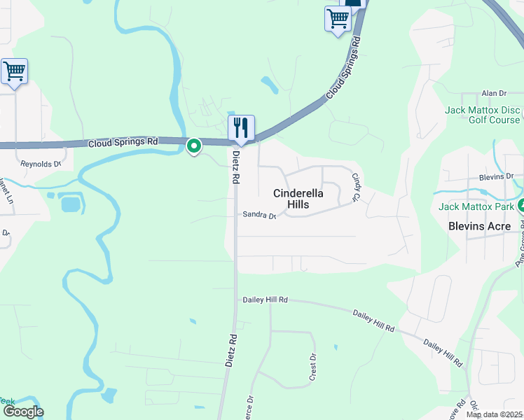 map of restaurants, bars, coffee shops, grocery stores, and more near 198 Cinderella Drive in Ringgold