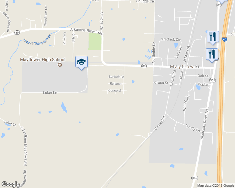 map of restaurants, bars, coffee shops, grocery stores, and more near 5 Conquistador Cove in Mayflower