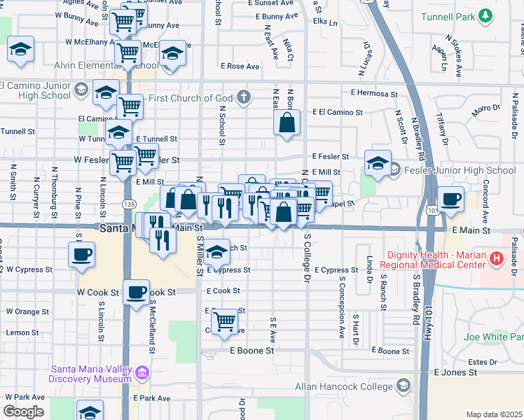 map of restaurants, bars, coffee shops, grocery stores, and more near 625 East Chapel Street in Santa Maria