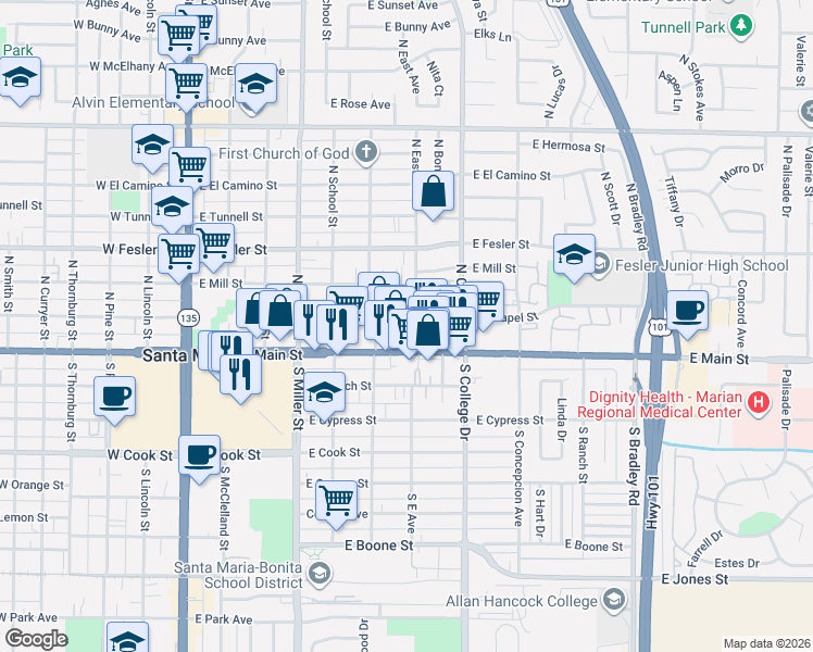 map of restaurants, bars, coffee shops, grocery stores, and more near 625 East Chapel Street in Santa Maria