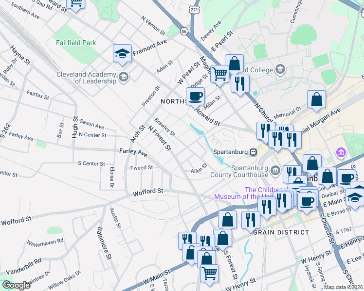 map of restaurants, bars, coffee shops, grocery stores, and more near 297 Manning Street in Spartanburg