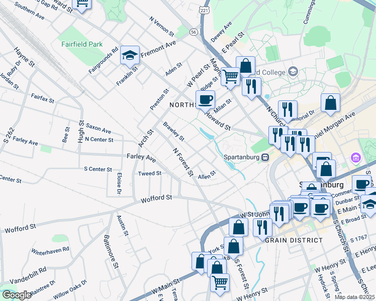 map of restaurants, bars, coffee shops, grocery stores, and more near 297 Manning Street in Spartanburg