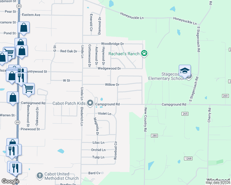 map of restaurants, bars, coffee shops, grocery stores, and more near 20 Krooked Kreek Circle in Cabot