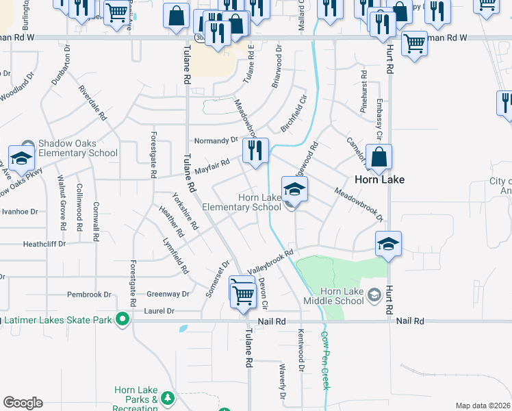 map of restaurants, bars, coffee shops, grocery stores, and more near 6400 Greenbriar Drive in Horn Lake