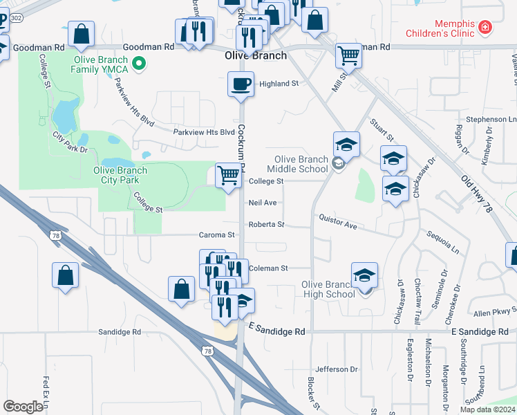 map of restaurants, bars, coffee shops, grocery stores, and more near 9055 Neil Avenue in Olive Branch