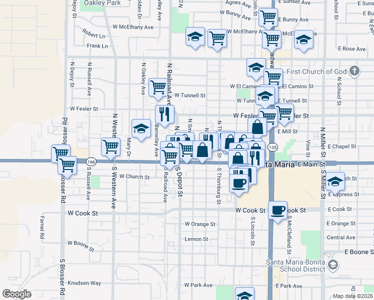 map of restaurants, bars, coffee shops, grocery stores, and more near 115 North Smith Street in Santa Maria