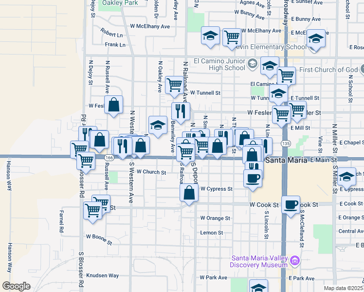 map of restaurants, bars, coffee shops, grocery stores, and more near 807 West Main Street in Santa Maria