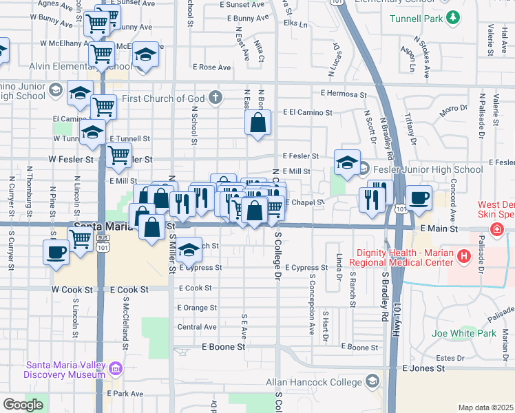 map of restaurants, bars, coffee shops, grocery stores, and more near 231 North College Drive in Santa Maria