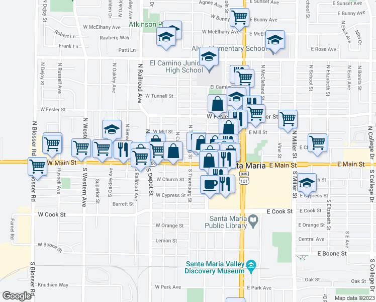 map of restaurants, bars, coffee shops, grocery stores, and more near 400 West Chapel Street in Santa Maria