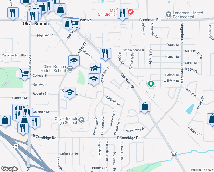 map of restaurants, bars, coffee shops, grocery stores, and more near 9734 Cherokee Drive in Olive Branch