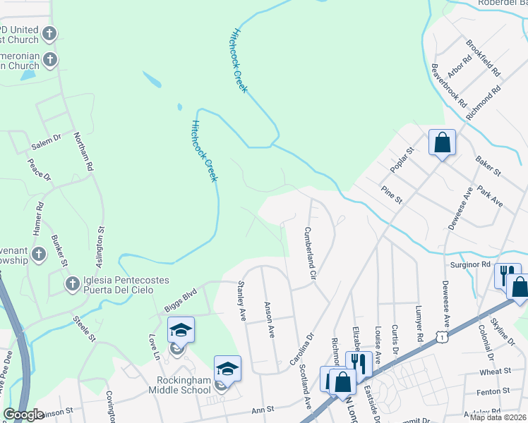 map of restaurants, bars, coffee shops, grocery stores, and more near 817 Williamsburg Drive in Rockingham