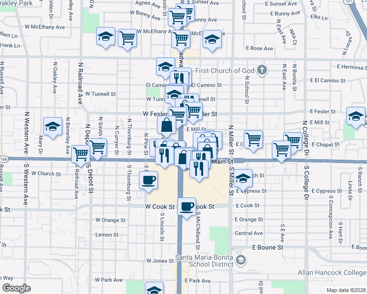 map of restaurants, bars, coffee shops, grocery stores, and more near 120 North Broadway in Santa Maria