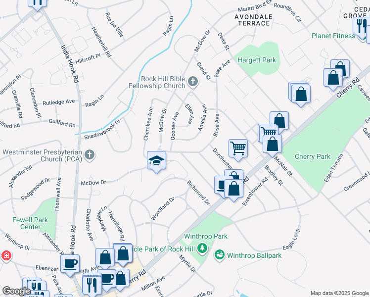 map of restaurants, bars, coffee shops, grocery stores, and more near 1118 Amelia Avenue in Rock Hill