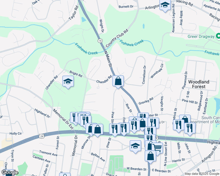 map of restaurants, bars, coffee shops, grocery stores, and more near 101 Chandler Road in Greer