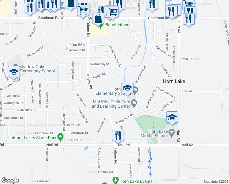 map of restaurants, bars, coffee shops, grocery stores, and more near 3000 Fairmeadow Drive in Horn Lake