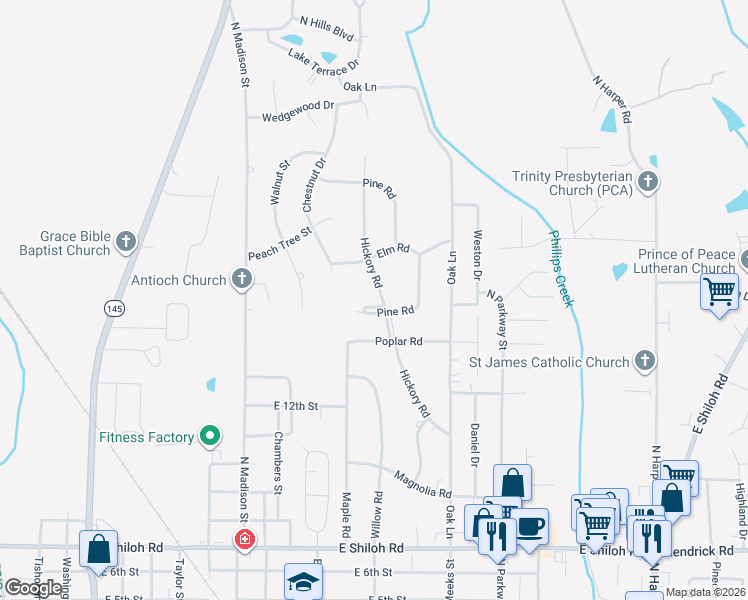 map of restaurants, bars, coffee shops, grocery stores, and more near 2101-2107 Hickory Road in Corinth