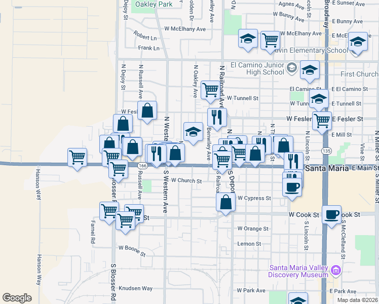 map of restaurants, bars, coffee shops, grocery stores, and more near 120 Mary Drive in Santa Maria