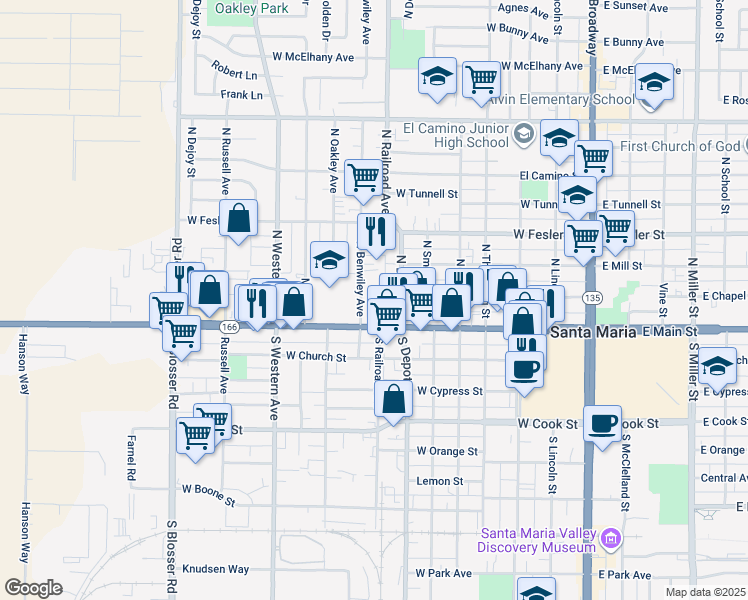 map of restaurants, bars, coffee shops, grocery stores, and more near 807 West Main Street in Santa Maria