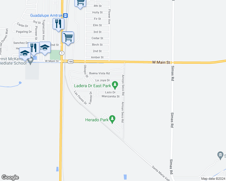 map of restaurants, bars, coffee shops, grocery stores, and more near 4386 Ladera Drive in Guadalupe