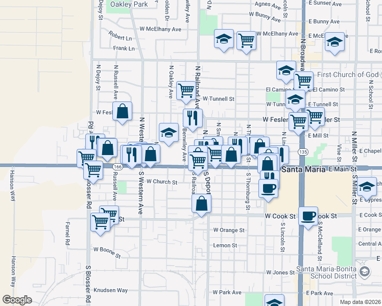 map of restaurants, bars, coffee shops, grocery stores, and more near 807 West Main Street in Santa Maria