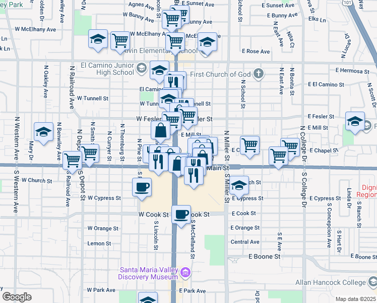 map of restaurants, bars, coffee shops, grocery stores, and more near 120 North Broadway in Santa Maria