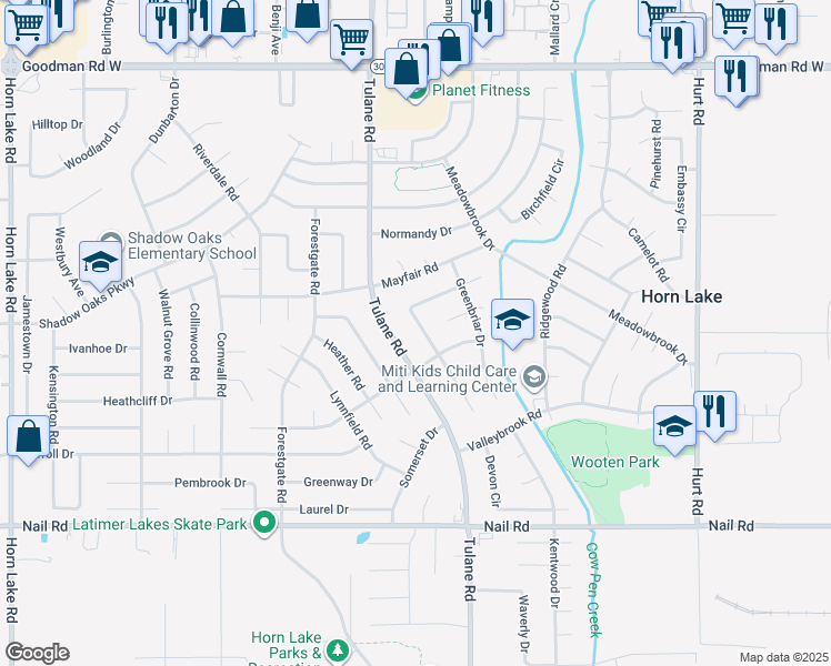 map of restaurants, bars, coffee shops, grocery stores, and more near 6470 Forest Glen Drive in Horn Lake