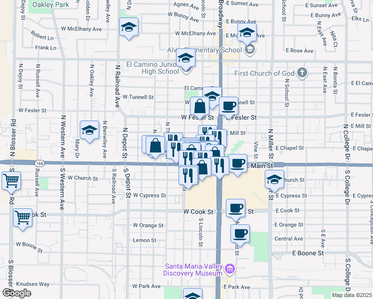 map of restaurants, bars, coffee shops, grocery stores, and more near 210 North Pine Street in Santa Maria