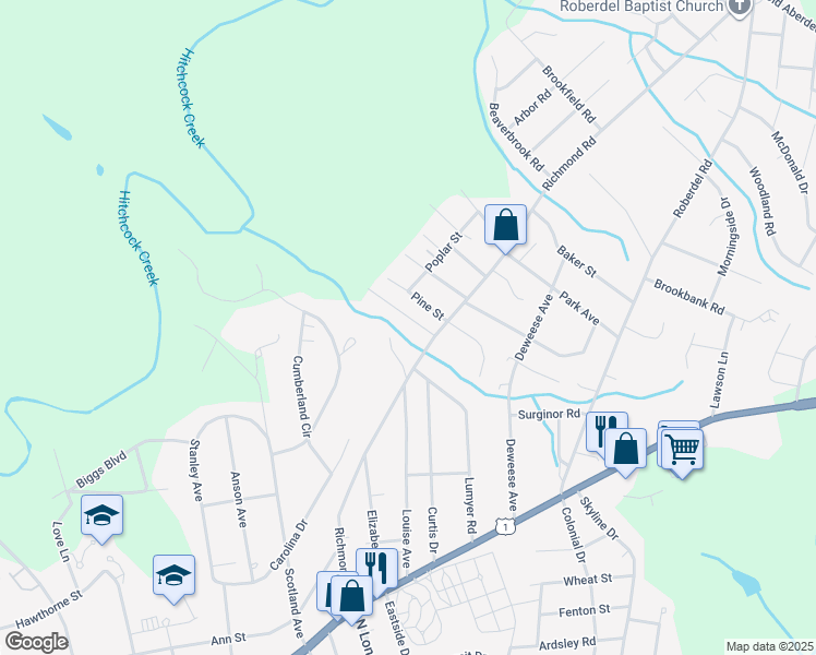 map of restaurants, bars, coffee shops, grocery stores, and more near 1708 Plum Nelly Road in Rockingham