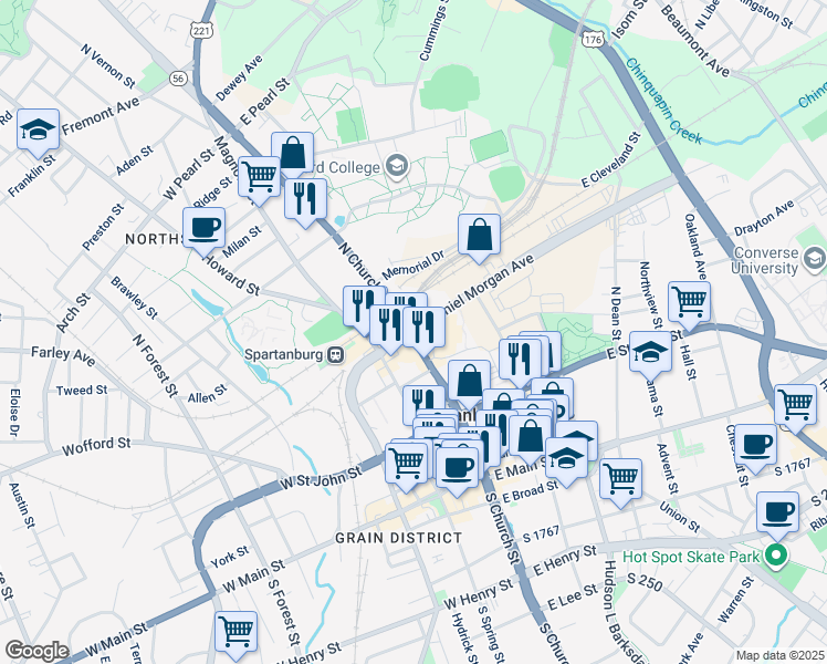 map of restaurants, bars, coffee shops, grocery stores, and more near 305 North Church Street in Spartanburg