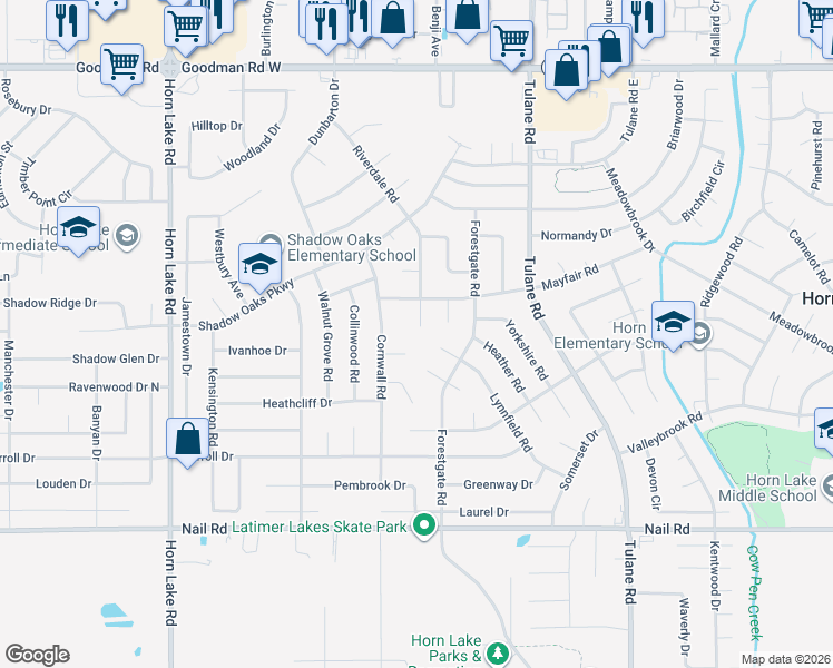 map of restaurants, bars, coffee shops, grocery stores, and more near 6430 Riverdale Cove in Horn Lake