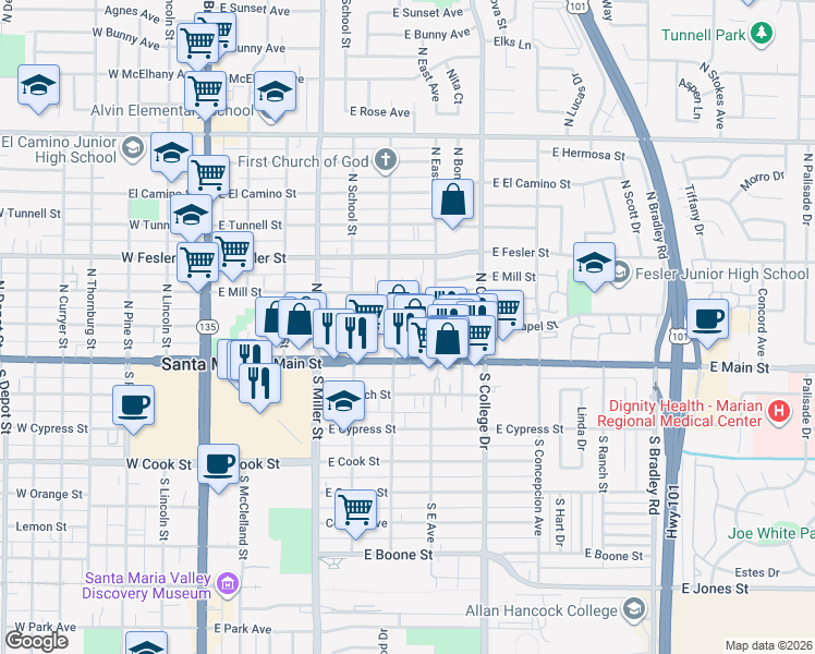 map of restaurants, bars, coffee shops, grocery stores, and more near 625 East Chapel Street in Santa Maria