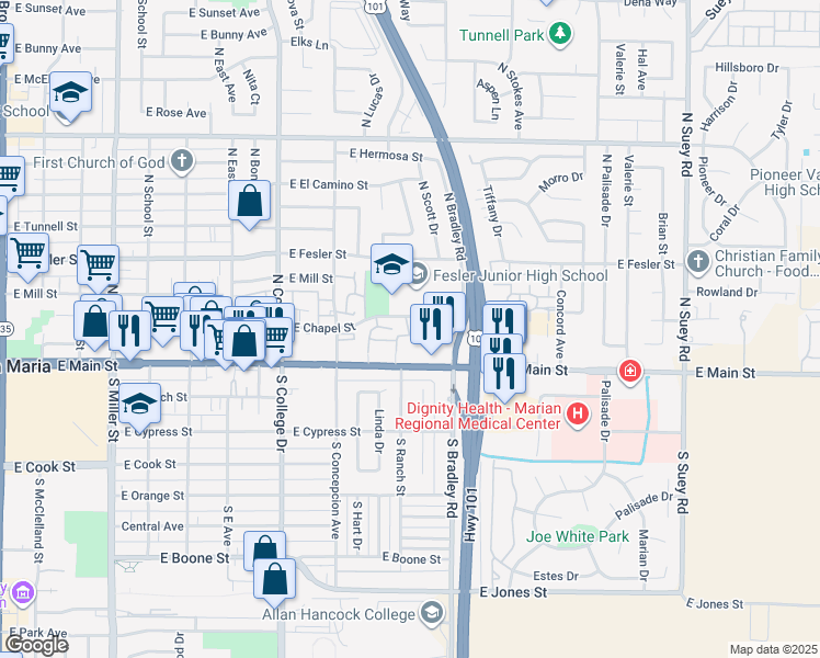 map of restaurants, bars, coffee shops, grocery stores, and more near 132 Clubhouse Lane in Santa Maria