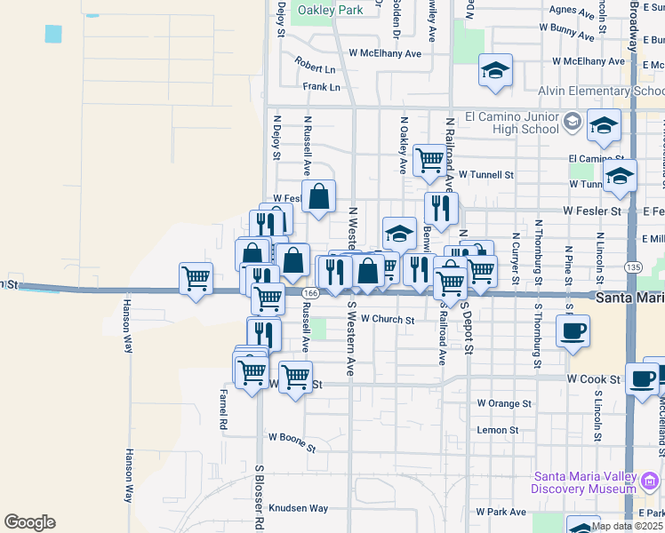 map of restaurants, bars, coffee shops, grocery stores, and more near 121 North Western Avenue in Santa Maria