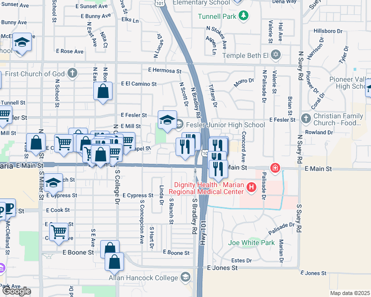 map of restaurants, bars, coffee shops, grocery stores, and more near 128 Royal Lane in Santa Maria