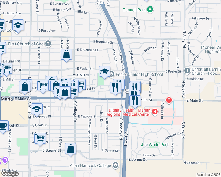 map of restaurants, bars, coffee shops, grocery stores, and more near 132 Clubhouse Lane in Santa Maria
